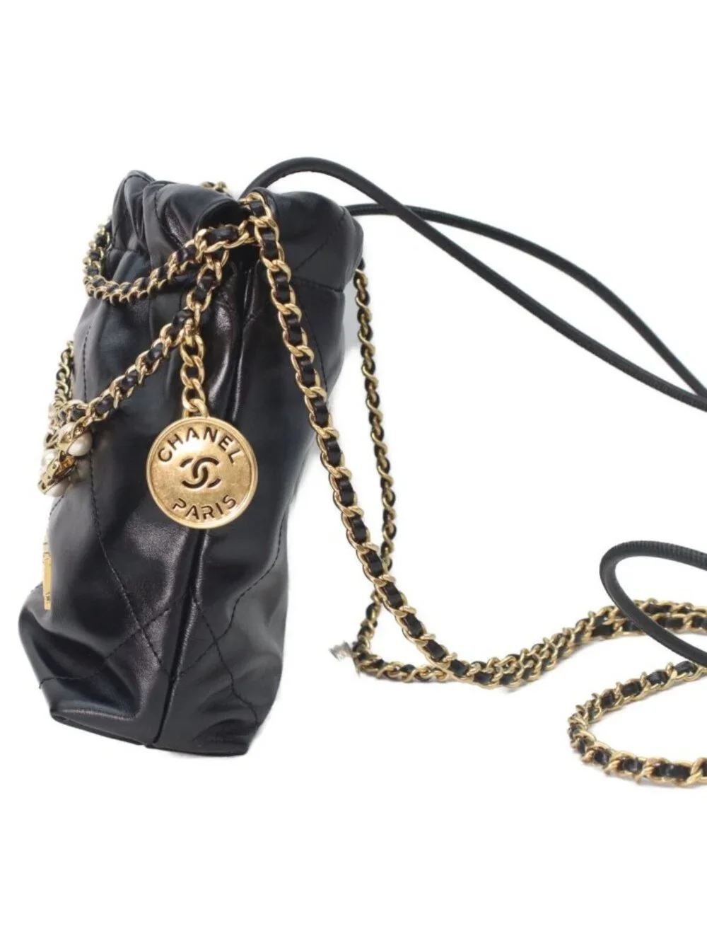 Chanel Black Shiny Calf 22 Mini Pearl Chain Shoulder Bag